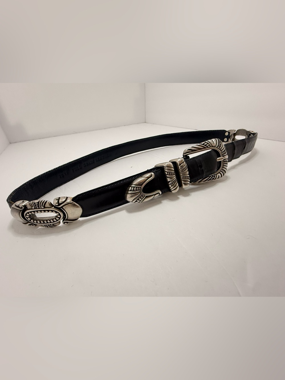 Vintage Full Grain Leather Western Concho Belt Heavy Silver Tone Buckle Size 36